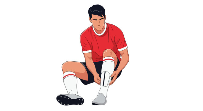 Focused soccer athlete preparing for a match, adjusting shin guards and socks with determined expression on a white background illustration 150