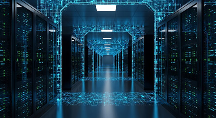Digital data hallway in a blue illuminated server room data center technology