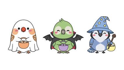 Spooky Birds in Halloween Costumes: Cute birds, dressed in playful Halloween costumes, ready for trick-or-treating, their cheerful faces capturing the magic of the season.