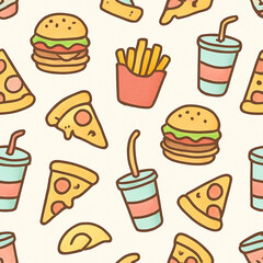 Seamless Cute Doodle Food Pattern with Burgers, Fries, Pizza, and Soda in Cartoon Pastel Style