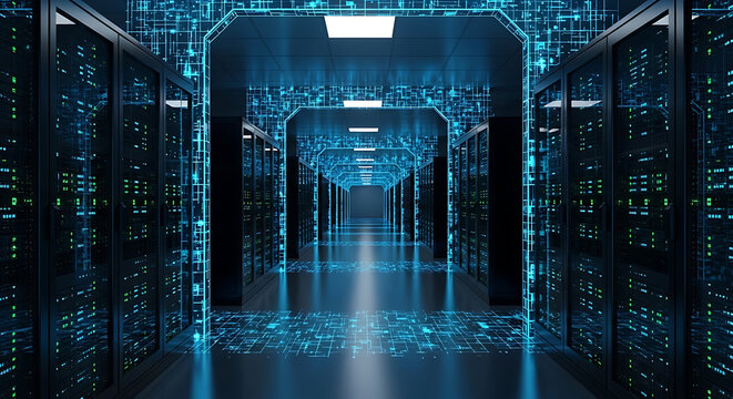 Digital data hallway in a blue illuminated server room data center technology