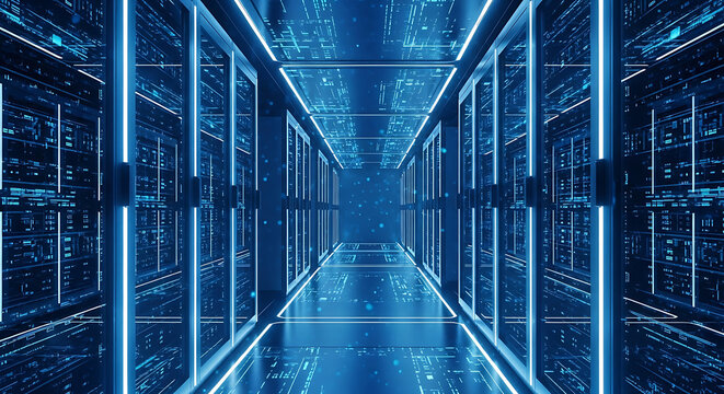 Futuristic blue digital data center server room with glowing lights technology