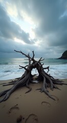 Large tree that is on the beach by the water