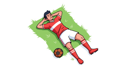 Fototapeta premium A cartoon footballer dressed in red and white lies on the grass relaxing after a match or during practice session enjoying a moment of calm and