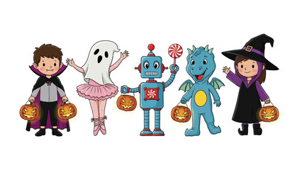 Halloween Gathering: An enchanting illustration of Halloween characters with jack-o'-lanterns, a fun and festive scene with a vampire, ghost, robot, dragon, and witch.