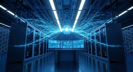 Futuristic Data Center with Glowing Blue Network Connections and Monitors server room