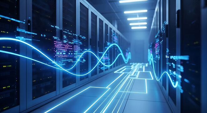 Futuristic data center with glowing blue data streams and server racks server room technology - Powered by Adobe