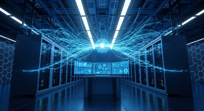 Futuristic Data Center with Glowing Blue Network Connections and Monitors server room - Powered by Adobe