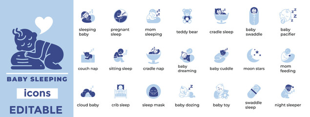 Clean baby sleeping vector icons for nursery, parenting, and childcare designs with modern editable style.