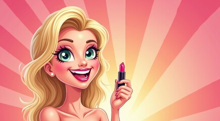 Cartoon girl with lipstick in hand and sunburst background