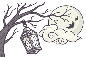A spooky lantern hangs from a tree branch on a full moon night
