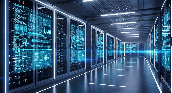 Futuristic data center with glowing server racks and digital displays server room technology