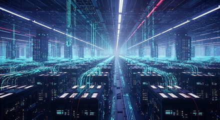 Futuristic data center with rows of servers and glowing blue cables server room technology