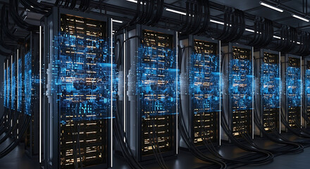 Futuristic server room with glowing blue data visualizations and cables data center technology