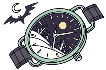 Wristwatch with a spooky night landscape on its face