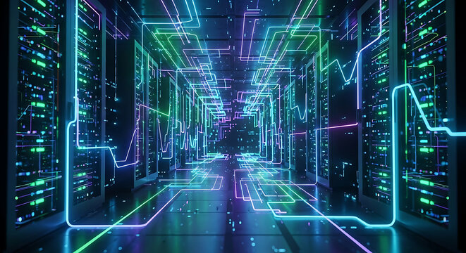 Futuristic Digital Data Center with Neon Circuitry and Server Racks server room technology