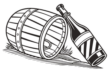 Wooden barrel and bottle on grass