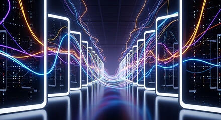 Futuristic server room with glowing data streams and illuminated server racks data center