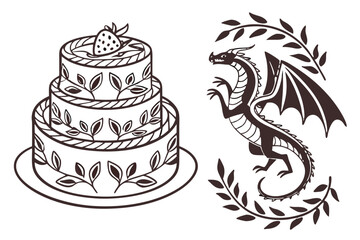 Three tier cake with strawberry and dragon with leaves