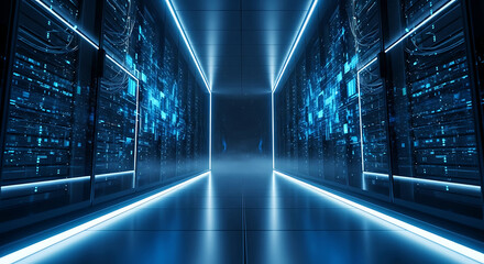 Illuminated Data Center Aisle with Blue Neon Lights and Server Racks server room technology