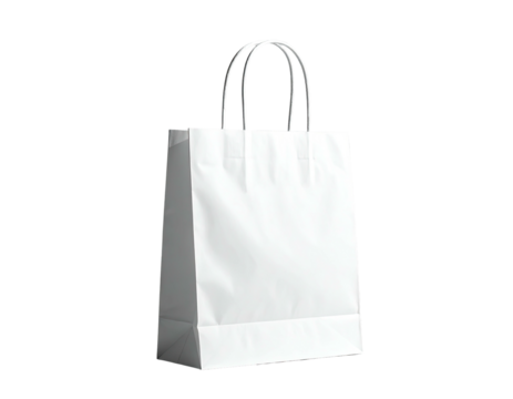 A plain, white paper bag with looped handles, isolated against a black backdrop