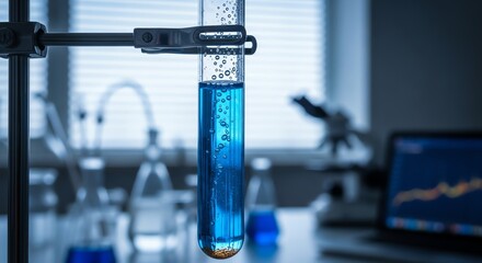 Closeup of a test tube with blue liquid in a laboratory, showcasing scientific research, experiment, and analysis in a modern setting