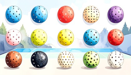 Colorful balls arranged on a court background