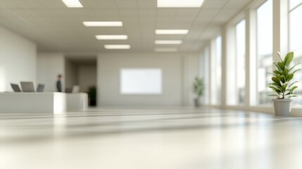 Modern office lobby, sunlight, reception desk, plants, workspace