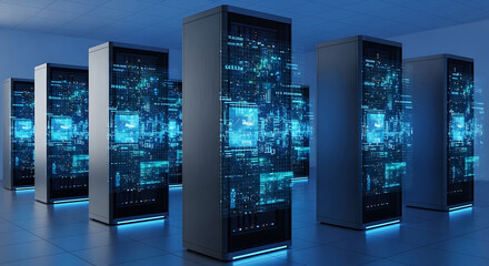 Rows of illuminated server racks displaying digital data in a dark room server room data center