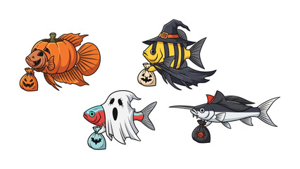 Halloween Fish Costumes: A vibrant collection of four fish, each uniquely adorned in festive Halloween costumes, cheerfully carrying small bags with treats, embodying the playful spirit of the season.