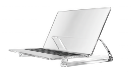Laptop on a clear acrylic stand isolated on transparent background for ergonomics