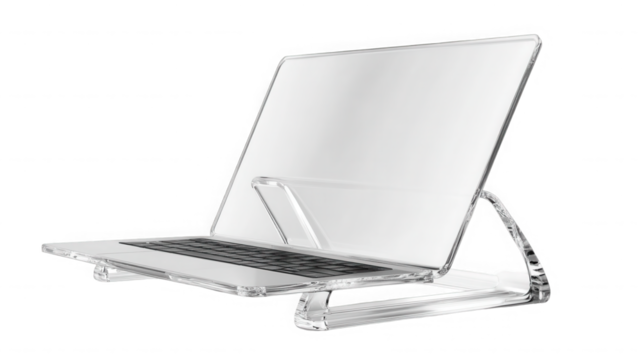 Laptop on a clear acrylic stand isolated on transparent background for ergonomics