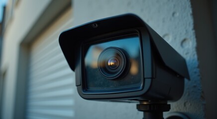 Outdoor cctv lens detail reflecting light blurred wall texture behind