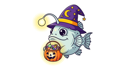 Happy Halloween: A whimsical anglerfish, adorned in a witch's hat, clutches a jack-o'-lantern bucket overflowing with sweet treats, embodies the spirit of Halloween.