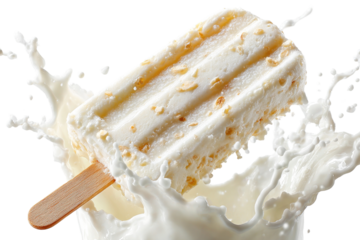 Creamy white ice pop with oat pieces, flying through a milk splash