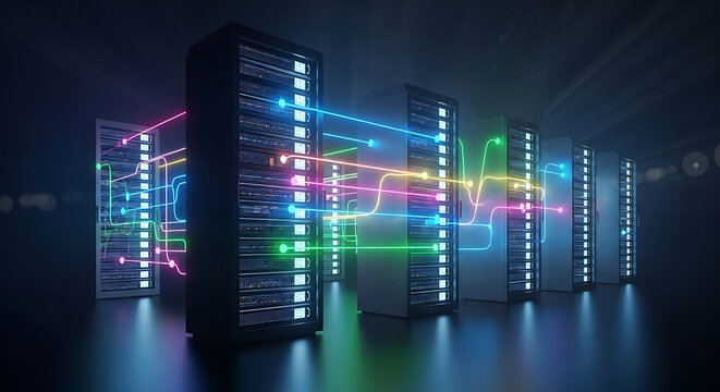 Server Racks Connected by Colorful Light Beams in Dark Room data center server room