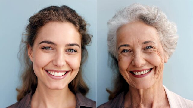 Two women of different ages laugh together in a matching studio setup, soft blue background and flattering light celebrating connection; positive people clip suited for wellness brands, clinics