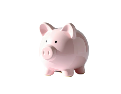 A pink ceramic piggy bank, isolated against a black background, well lit