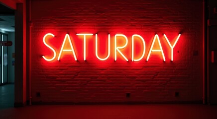 Neon sign on a brick wall that says saturday