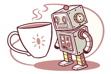 Cute robot with a cup of coffee