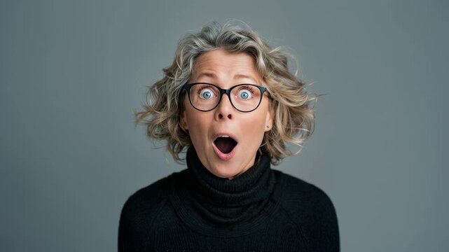 Mature woman with glasses opens her mouth in astonishment, soft gray background and cozy black sweater delivering relatable authenticity; powerful reaction footage for customer testimonials