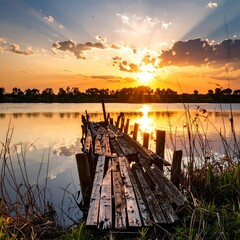 Fototapeta premium Sun sets over a weathered dock