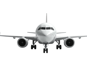 Front view of a white commercial jet plane isolated against a black background