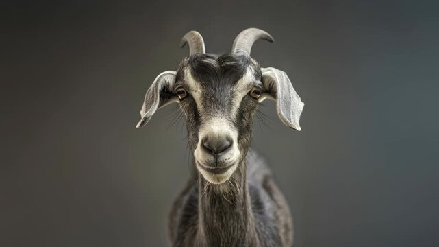 Charming goat looks directly into the camera, textured horns and soft muzzle highlighted by moody studio light; rustic, friendly animal portrait crafted for agriculture stories