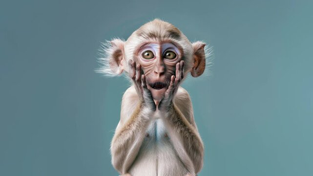 Pale monkey rests a hand on its cheek in a thoughtful pose, minimalist studio background and delicate fur detail; emotive wildlife portrait that conveys curiosity and intelligence
