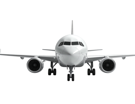 Front view of a white commercial jet plane isolated against a black background