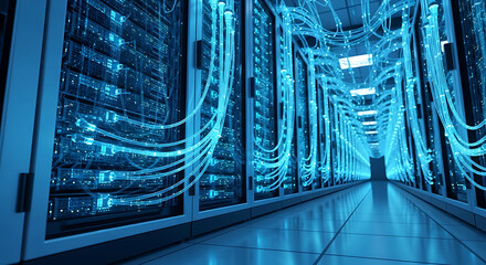 Server room with glowing blue fiber optic cables and data racks data center technology