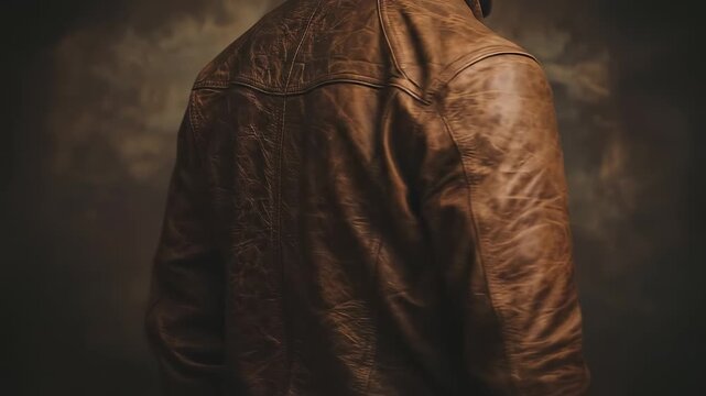 Brown leather jacket with zipper and pockets, against blurred dark background