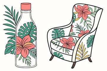 Bottle with tropical flower and leaves next to armchair