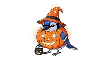 Halloween Blue Jay in Costume: A whimsical blue jay adorned in a festive Halloween pumpkin costume and witch hat, clutching a treat bucket, perfect for a touch of autumnal joy.